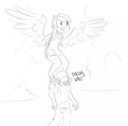 Size: 1280x1261 | Tagged: artist:nobody, carrying, derpibooru import, harpy, harpydash, human, humanized, monochrome, monster girl, oc, oc:anon, rainbow dash, safe, sketch, species swap, :v, winged humanization