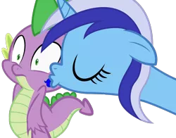 Size: 1918x1500 | Tagged: safe, artist:spellboundcanvas, derpibooru import, minuette, spike, dragon, pony, unicorn, female, kiss mark, kissing, male, shipping, simple background, spigate, straight, transparent background, vector
