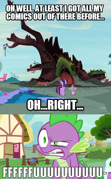 Size: 538x867 | Tagged: comic book, derpibooru import, fffuuuuu, golden oaks library, image macro, meme, safe, screencap, spike, twilight sparkle, vulgar