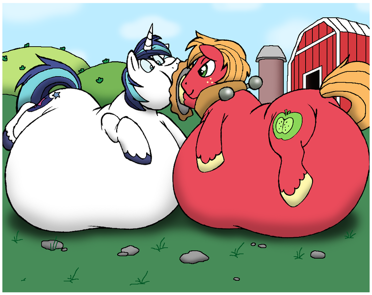Size: 1092x867 | Tagged: questionable, artist:virus-20, derpibooru import, big macintosh, shining armor, earth pony, pony, belly, belly bed, bigger macintosh, chubby cheeks, fat, food, force feeding, immobile, impossibly large belly, inflation, male, morbidly obese, neck fat, neck roll, obese, pie, shining blubber, stallion, stuffing, sweet apple acres, weight gain