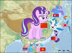 Size: 972x710 | Tagged: safe, derpibooru import, aloe, lotus blossom, rainbow dash, starlight glimmer, trixie, twilight sparkle, vinyl scratch, pony, unicorn, the cutie map, asia, china, female, japan, map, mare, north korea, ponies as regions, republic of china, south korea, stalin glimmer, taiwan, thailand, vietnam