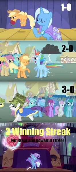 Size: 549x1241 | Tagged: safe, derpibooru import, edit, edited screencap, screencap, amethyst star, applejack, berry punch, berryshine, bon bon, carrot top, cherry berry, cherry cola, cherry fizzy, coco crusoe, dizzy twister, doctor whooves, golden harvest, linky, lyra heartstrings, orange swirl, ponet, rainbow dash, rainbowshine, rarity, shoeshine, spring melody, sprinkle medley, sweetie drops, time turner, trixie, twinkleshine, pony, boast busters, apple, apple gag, background pony, bondage, clothes, comic, dress, food, food gag, gag, green is not a creative color, hogtied, lightning, male, screencap comic, stallion