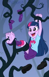 Size: 480x750 | Tagged: suggestive, artist:chaoskomori, derpibooru import, twilight sparkle, equestria girls, barefoot, blushing, bowtie, clothes, erotic tickling, feet, female, fetish, foot fetish, laughing, leg warmers, open mouth, shoes, skirt, socks, soles, solo, solo female, tentacles, tickle fetish, tickle torture, tickling, toes, vine