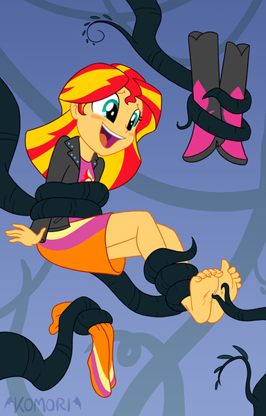 Size: 480x750 | Tagged: suggestive, artist:chaoskomori, derpibooru import, sunset shimmer, equestria girls, barefoot, blushing, boots, clothes, erotic tickling, feet, female, femsub, fetish, foot fetish, high heel boots, image, jacket, jpeg, laughing, leather jacket, open mouth, skirt, socks, soles, solo, solo female, striped socks, submissive, subset, tickle fetish, tickle torture, tickling, toes, vine