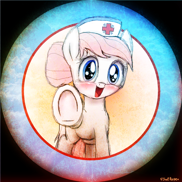 Size: 2000x2000 | Tagged: safe, artist:finalaspex, derpibooru import, nurse redheart, earth pony, pony, adoredheart, blushing, cute, female, heartabetes, hoofbump, looking at you, mare, open mouth, smiling, solo, underhoof