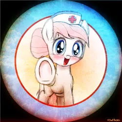 Size: 2000x2000 | Tagged: safe, artist:finalaspex, derpibooru import, nurse redheart, earth pony, pony, adoredheart, blushing, cute, female, heartabetes, hoofbump, looking at you, mare, open mouth, smiling, solo, underhoof