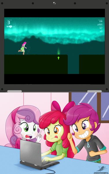 Size: 1458x2322 | Tagged: safe, artist:the-butch-x, derpibooru import, edit, apple bloom, cheerilee, scootaloo, sweetie belle, equestria girls, computer, crusaders on laptop meme, cutie mark crusaders, exploitable meme, laptop computer, melody's escape, meme, scootaloo will show us games to play, video game, youtube link