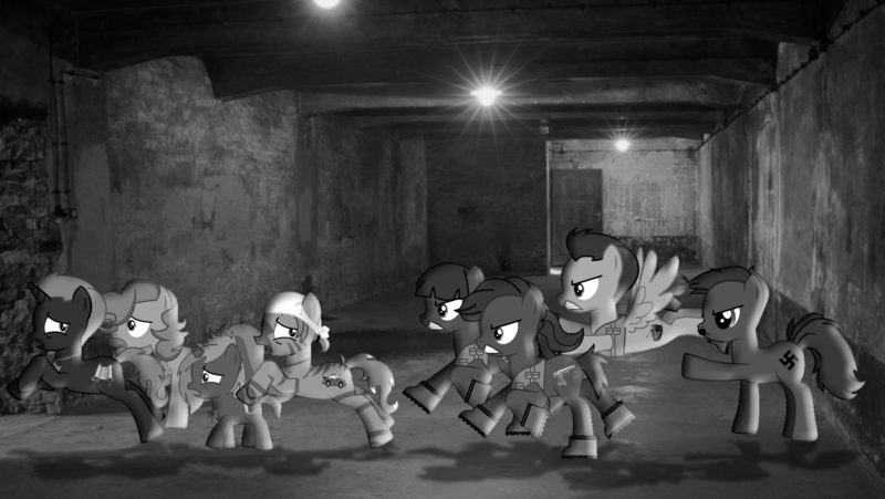 Size: 1724x972 | Tagged: semi-grimdark, deleted from derpibooru, derpibooru import, oc, unofficial characters only, earth pony, pegasus, pony, unicorn, zebra, pony creator, adolf hitler, antisemitism, bad taste, black and white, female, filly, grayscale, holocaust, jew, judaism, male, mare, monochrome, nazi, racism, soldier, stallion, swastika, world war ii