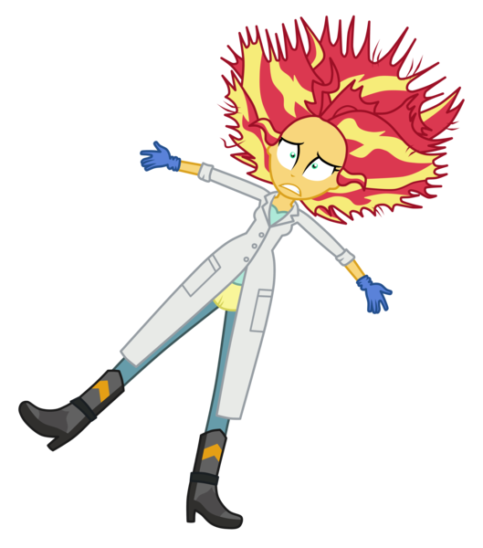 Size: 5100x5780 | Tagged: safe, artist:mixiepie, derpibooru import, sunset shimmer, equestria girls, friendship games, the science of magic, absurd resolution, boots, clothes, electrocution, gloves, lab coat, messy hair, shocked, simple background, solo, sunset the science gal, transparent background, vector