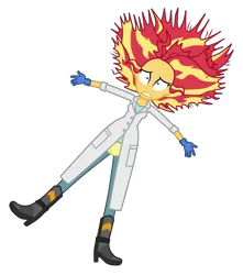 Size: 5100x5780 | Tagged: safe, artist:mixiepie, derpibooru import, sunset shimmer, equestria girls, friendship games, the science of magic, absurd resolution, boots, clothes, electrocution, gloves, lab coat, messy hair, shocked, simple background, solo, sunset the science gal, transparent background, vector