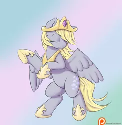 Size: 1700x1750 | Tagged: safe, artist:alasou, deleted from derpibooru, derpibooru import, derpy hooves, pegasus, pony, accessory theft, bipedal, crown, cute, derpabetes, eyes closed, horseshoes, implied princess celestia, jewelry, patreon, patreon logo, peytral, princess derpy, rearing, regalia, smiling, solo