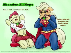 Size: 1500x1119 | Tagged: abandon all hope, abs, anthro, app-el, apple bloom, applejack, apple siblings, artist:smudge proof, belly button, boots, breasts, busty applejack, clothes, collar, commission, costume, derpibooru import, duo, eyes closed, fall of equestria, female, kidnapped, kryptonite, midriff, muscles, semi-grimdark, skirt, speech, superfilly, superhero, supermare, text, this will end in pain, this will end in tears