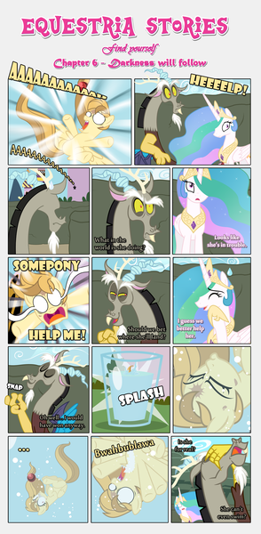 Size: 1919x3910 | Tagged: artist:estories, comic, comic:find yourself, cute, derpibooru import, discord, falling, glass, oc, oc:alice goldenfeather, princess celestia, safe, water