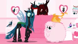 Size: 1363x768 | Tagged: safe, artist:mixermike622, derpibooru import, queen chrysalis, oc, oc:fluffle puff, oc:marksaline, changeling, changeling queen, canon x oc, chrysipuff, female, fire, fluffside out, inside out, joy, lesbian, pixar, shipping, spontaneous combustion, wat, youtube link