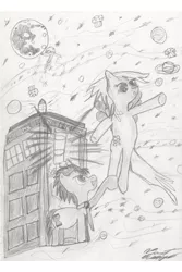 Size: 1200x1800 | Tagged: safe, artist:chronos the doctor, derpibooru import, derpy hooves, doctor whooves, time turner, pony, doctor who, doctorderpy, female, male, monochrome, muffin, pencil drawing, shipping, space, stallion, straight, tardis, traditional art