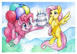 Size: 1024x724 | Tagged: safe, artist:icecatdemon, derpibooru import, fluttershy, pinkie pie, balloon, cake, cloud, cloudy, flying, scenery, smiling, then watch her balloons lift her up to the sky, traditional art, watercolor painting