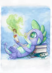 Size: 1024x1457 | Tagged: safe, artist:icecatdemon, derpibooru import, spike, book, fire, letter to celestia, lying down, on back, scroll, solo, traditional art, watercolor painting
