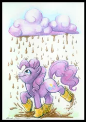 Size: 698x984 | Tagged: safe, artist:icecatdemon, derpibooru import, pinkie pie, chocolate rain, cloud, galoshes, solo, tongue out, traditional art, watercolor painting