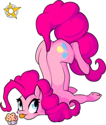 Size: 1024x1200 | Tagged: safe, artist:amberpendant, derpibooru import, pinkie pie, cheek fluff, cute, diapinkes, face down ass up, looking at you, muffin, pinkie being pinkie, simple background, solo, tongue out, transparent background