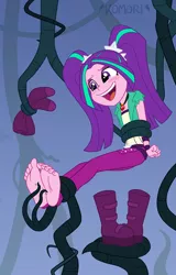 Size: 480x750 | Tagged: suggestive, artist:chaoskomori, derpibooru import, aria blaze, equestria girls, ariasub, barefoot, blushing, bondage, boots, clothes, erotic tickling, feet, female, fetish, foot fetish, high heel boots, image, jewelry, jpeg, laughing, open mouth, pants, pendant, socks, soles, solo, solo female, tickle fetish, tickle torture, tickling, toes, vine