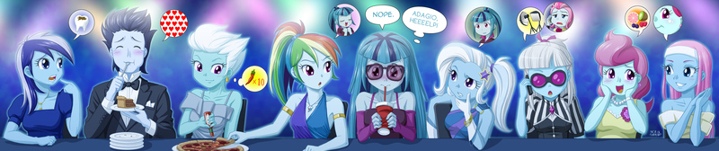 Size: 3808x800 | Tagged: safe, artist:uotapo, derpibooru import, cup cake, fleetfoot, lotus blossom, minuette, photo finish, rainbow dash, soarin', sonata dusk, trixie, violet blurr, equestria girls, rainbow rocks, :o, alternate hairstyle, blue, blushing, bracelet, cavity, clothes, color set, cute, cute cake, dashabetes, diafleetes, dialogue, diatrixes, dress, drinking, equestria girls-ified, evening gloves, eyes closed, female, food, frown, glasses, gloves, hot sauce, jewelry, loose hair, lotusbetes, male, minubetes, necklace, nervous, open mouth, pearl necklace, photaww finish, pie, pizza, plate, ponytail, prank, rainbow dash always dresses in style, raised eyebrow, smurfs, soarinbetes, sonatabetes, suit, sunglasses, sweat, tabasco, that pony sure does love pies, tooth, uotapo is trying to murder us