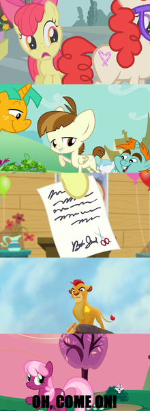 Size: 640x1744 | Tagged: safe, derpibooru import, apple bloom, babs seed, cheerilee, featherweight, snails, snips, sweetie belle, twist, big cat, earth pony, lion, pony, unicorn, bush, bushicorn, colt, cutie mark, female, filly, image macro, impact font, kion, letter, male, mare, meme, oh come on, raised hoof, text, the lion guard, the lion king