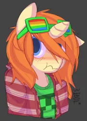 Size: 880x1220 | Tagged: safe, artist:whoop, derpibooru import, oc, oc:whoop, unofficial characters only, blushing, clothes, creeper, cute, floppy ears, glasses, hoodie, minecraft, scrunchy face, solo