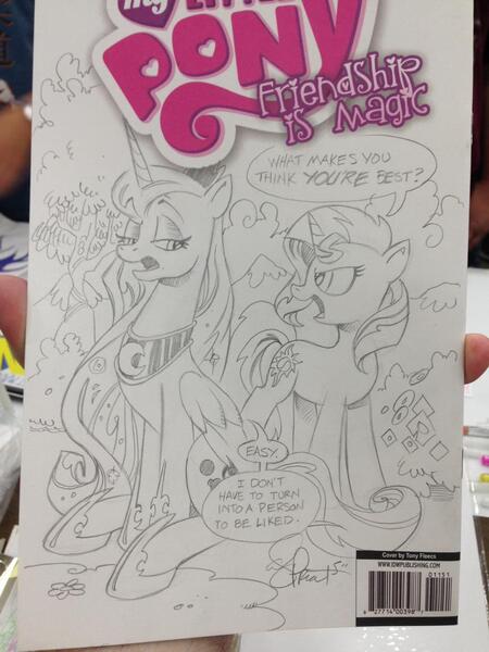 Size: 938x1250 | Tagged: safe, artist:andypriceart, derpibooru import, princess luna, sunset shimmer, alicorn, pony, unicorn, andy you magnificent bastard, burn, rekt, shots fired, traditional art