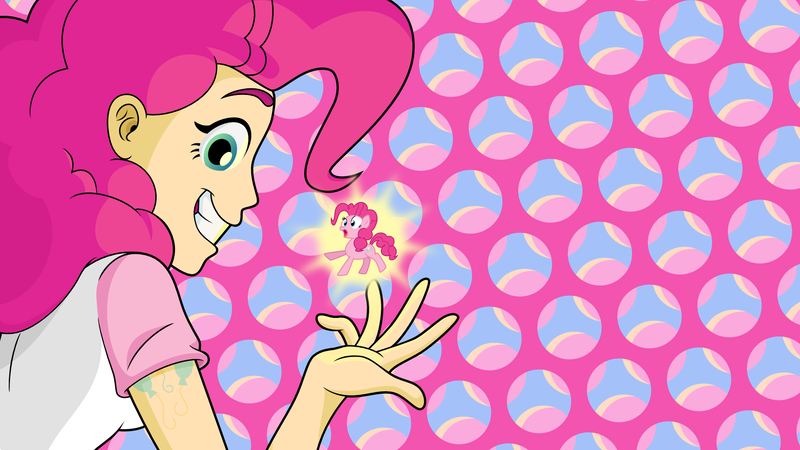 Size: 1920x1080 | Tagged: safe, artist:drewdini, derpibooru import, pinkie pie, human, humanized, human ponidox, tiny, tiny ponies, wallpaper