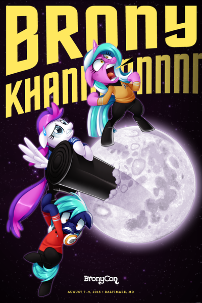 Size: 864x1296 | Tagged: angry, artist:centchi, bronycon, bronycon 2015, bronycon mascots, crossover, derpibooru import, hoofevent, khan, moon, oc, oc:blank canvas, oc:hoof beatz, oc:mane event, redshirt, rocket, safe, scared, space, star trek, sweatdrop, unofficial characters only, yelling