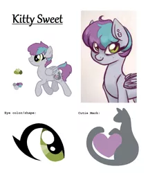 Size: 961x1125 | Tagged: safe, artist:hippykat13, derpibooru import, oc, oc:kitty sweet, unofficial characters only, pegasus, pony, bags under eyes, cat eyes, cute, ear piercing, earring, freckles, jewelry, piercing, pixie cut, ponysona, reference sheet, short hair, short mane, solo