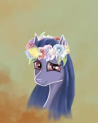 Size: 1600x2000 | Tagged: safe, artist:elskafox, derpibooru import, oc, oc:cosmia nebula, unofficial characters only, earth pony, bust, floral head wreath, flower, flower in hair, happy, portrait, smiling, wreath