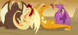 Size: 1023x465 | Tagged: artist:queencold, crying, derpibooru import, dragon, dragoness, dragon oc, garble, laughing, mother, mother and son, oc, oc:caldera, oc:gronkle, oc:javelin, oc:muddle, safe, teenaged dragon