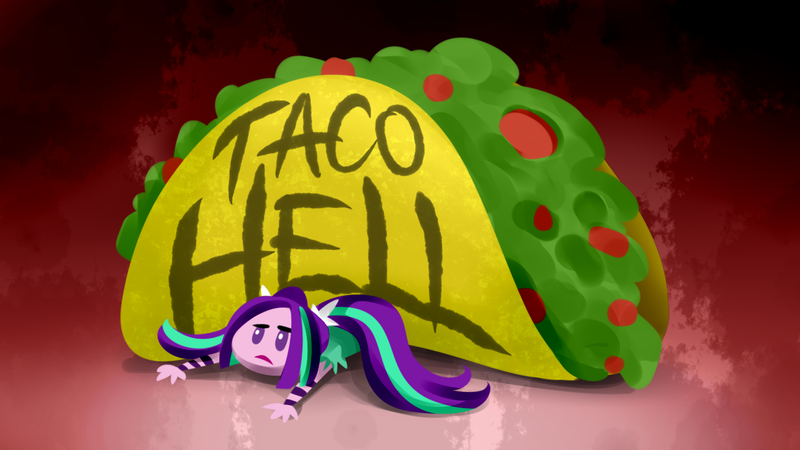 Size: 1280x720 | Tagged: safe, artist:ponut_joe, derpibooru import, aria blaze, equestria girls, taco, taco hell, title card