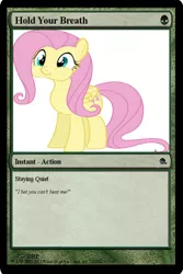 Size: 400x600 | Tagged: safe, artist:drpain, derpibooru import, fluttershy, pegasus, pony, stare master, :t, card generator, cute, female, holding breath, magic the gathering, mare, puffy cheeks, simple background, smiling, solo, white background