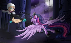 Size: 1146x697 | Tagged: safe, artist:blackfreya, derpibooru import, twilight sparkle, twilight sparkle (alicorn), alicorn, pony, castle of the royal pony sisters, clothes, crossover, female, fight, gwen stacy, mare, sombra eyes, spider-gwen, spider-man, spiders and magic iv: the fall of spider-mane, spiders and magic: rise of spider-mane, torn clothes, twivine sparkle