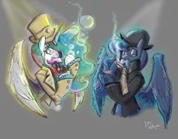 Size: 4200x3300 | Tagged: safe, artist:mad--munchkin, derpibooru import, princess celestia, princess luna, pony, bipedal, bowler hat, bubble, bubble pipe, classy, clothes, hat, moustache, spread wings, suit, tea, teacup, top hat