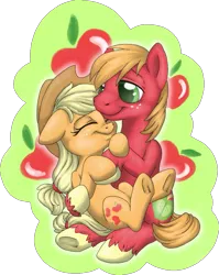 Size: 691x867 | Tagged: safe, artist:bananasplitzel, derpibooru import, applejack, big macintosh, earth pony, pony, brother and sister, cuddling, cute, eyes closed, floppy ears, jackabetes, macabetes, male, siblings, smiling, snuggling, stallion, underhoof