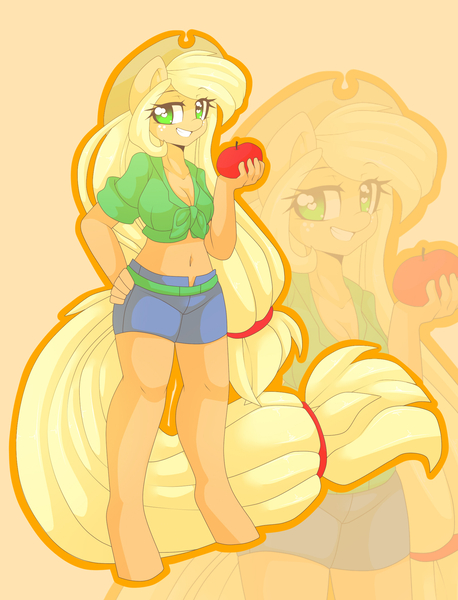 Size: 1640x2149 | Tagged: safe, artist:arachne149, derpibooru import, applejack, anthro, unguligrade anthro, apple, belly button, breasts, busty applejack, cleavage, clothes, female, front knot midriff, grin, hand on hip, midriff, shorts, solo, wingding eyes, zoom layer