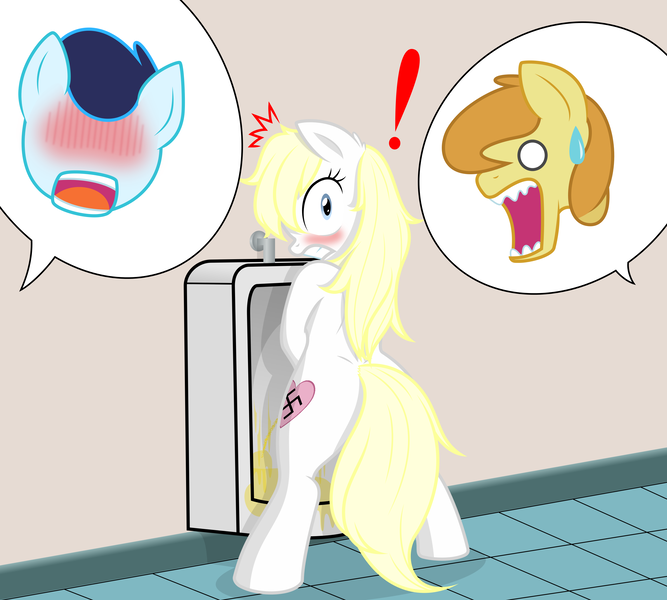 Size: 2778x2500 | Tagged: suggestive, artist:aryanne, artist:randy, artist:vectorfag, derpibooru import, braeburn, soarin', oc, oc:aryanne, unofficial characters only, pony, bathroom, bipedal, blushing, caught, embarrassed, exclamation point, eyelashes, female, funny, implied futa, nazi, offscreen character, pissing, promingent female, shock, shocked, solo, surprised, swastika, toilet, toilet humor, urinal, urine, vector, vectorfied, what are you doing, wtf