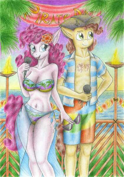 Size: 2456x3499 | Tagged: safe, artist:sinaherib, derpibooru import, cheese sandwich, pinkie pie, anthro, bare chest, belly button, bikini, breasts, busty pinkie pie, cheesepie, clothes, couple, female, male, microphone, shipping, straight, swimsuit, topless, traditional art