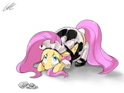 Size: 1000x750 | Tagged: artist:cofotory, broken, clothes, crying, derpibooru import, fluttershy, maid, plate, safe, simple background, solo, transparent background