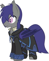 Size: 2391x2974 | Tagged: safe, artist:duskthebatpack, artist:krowzivitch, derpibooru import, oc, oc:dusk rhine, unofficial characters only, bat pony, pony, clothes, fire emblem: awakening, hair over one eye, jacket, mage, male, robe, simple background, smiling, solo, stallion, transparent background, vector