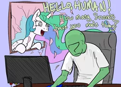 Size: 1280x916 | Tagged: safe, artist:nobody, color edit, derpibooru import, princess celestia, oc, oc:anon, alicorn, human, pony, broken glass, broken window, chair, color, colored, computer, defenestratia, dialogue, dork, female, friends, frown, human male, make some friends, male, mare, nervous, open mouth, sitting, slouching, smiling, sweat, sweatdrop, unamused, window