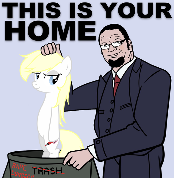 Size: 878x900 | Tagged: semi-grimdark, artist:vectorfag, derpibooru import, edit, penn jillette, oc, oc:aryanne, unofficial characters only, earth pony, pony, /pol/, 4chan, bedroom eyes, clothes, crossing the memes, exploitable meme, female, glasses, heart, holding a pony, implied rape, into the trash it goes, meme, memeception, nazi, necktie, rape dungeon, sharpie, smiling, smug, suit, swastika, trash, trash can