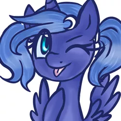 Size: 3000x3000 | Tagged: safe, artist:katkakakao, derpibooru import, princess luna, alternate hairstyle, cute, filly, pigtails, simple background, solo, tongue out, wink, woona