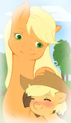 Size: 1268x2196 | Tagged: accessory swap, applejack, artist:loure201, blushing, derpibooru import, foal, oc, oc:tasty apple, offspring, parent:applejack, parent:cheese sandwich, parents:cheesejack, safe