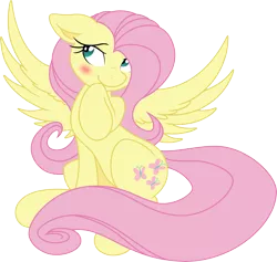 Size: 7556x7168 | Tagged: safe, artist:joey darkmeat, artist:portalart, derpibooru import, fluttershy, pegasus, pony, absurd resolution, blushing, cute, female, mare, raised hoof, shyabetes, simple background, sitting, smiling, solo, spread wings, transparent background, vector