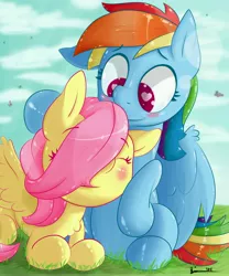 Size: 5000x6000 | Tagged: safe, artist:thederpyenthusiast, derpibooru import, fluttershy, rainbow dash, absurd resolution, blushing, cuddling, female, flutterdash, lesbian, prone, shipping, sitting, snuggling