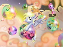 Size: 2227x1661 | Tagged: safe, artist:giuliabeck, derpibooru import, applejack, derpy hooves, fluttershy, pinkie pie, rainbow dash, rarity, twilight sparkle, pegasus, pony, alternate mane seven, bubble, female, mane six, mare